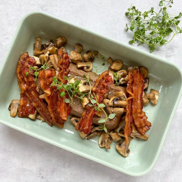 Lun leverpostej med bacon og champignon Lun leverpostej med bacon og champignon